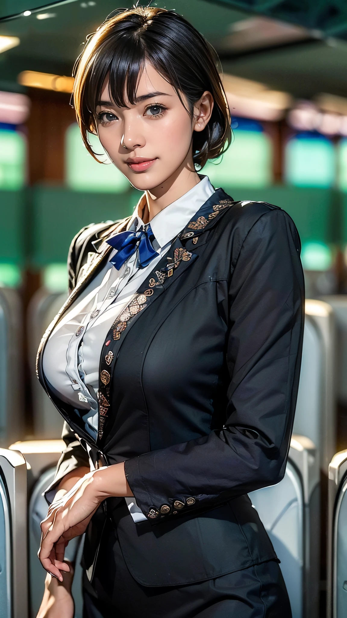 (One Woman),(Japanese),(Short Hair),(45 years old),(whole body:1.5),(front:1.5),(cabincrew),(stewardess)(Are standing),(Fitted flight attendant uniforms:1.5),(smile:1.5),(Beautiful Eyes:1.3),(Very detailedな顔:1.5),((Very detailedな女性の手の描画:1.5)),((Beautiful Skin:1,5)),(Delicate skin depiction:1.5),(Functional:1.2),(Big Breasts:1.2),BREAK(In Airplane:1.5),(((Blur the background:1.5))),(Written boundary depth:1.5),BREAK(((masterpiece:1.5),(highest quality:1.5),(Very detailed:1.5),(High resolution:1.5),(Realistic:1.5),(Photorealistic:1.5))),8k,wallpaper