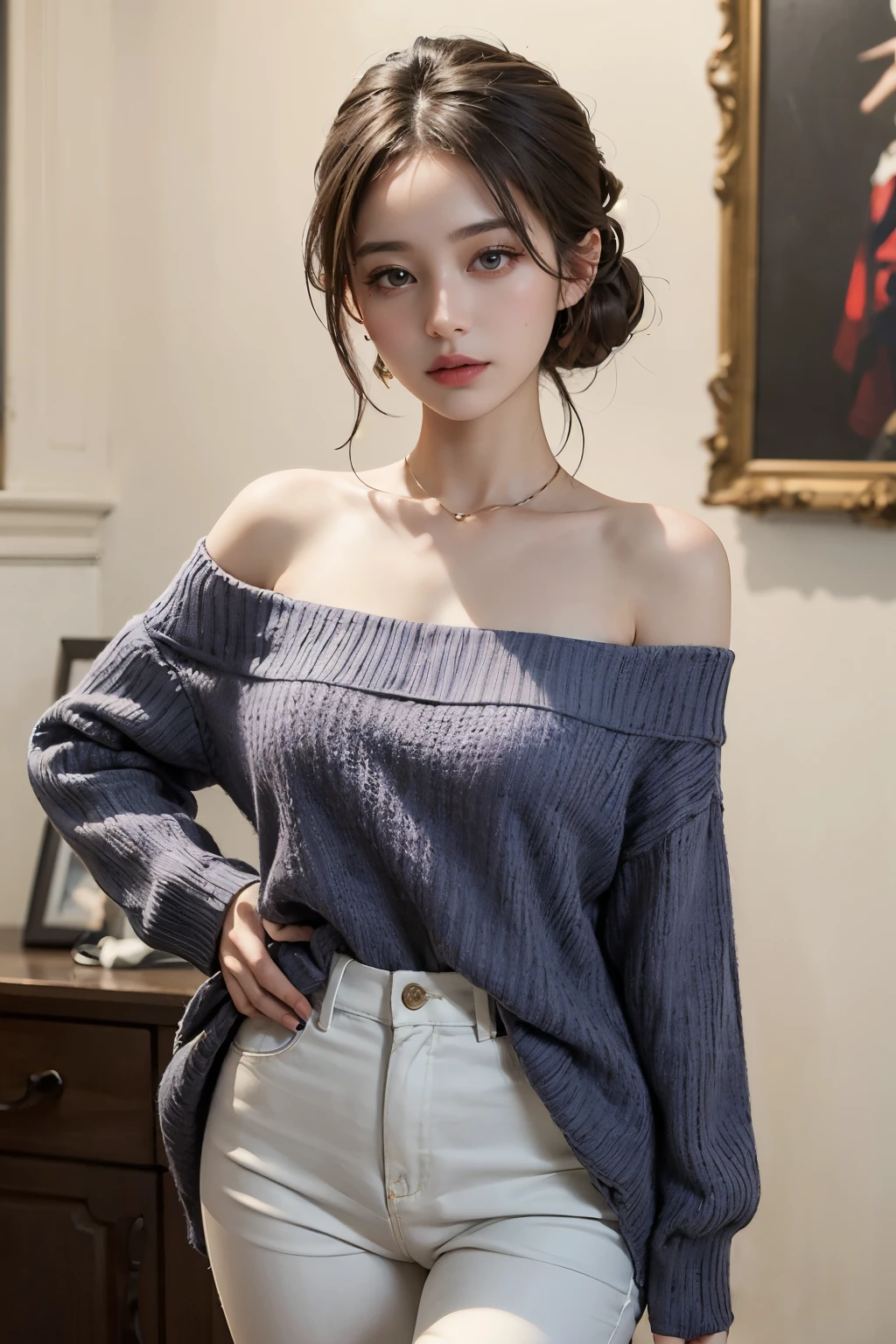 ((best quality)), ((masterpiece)), (detailed), 1girl, off-shoulder sweater, 