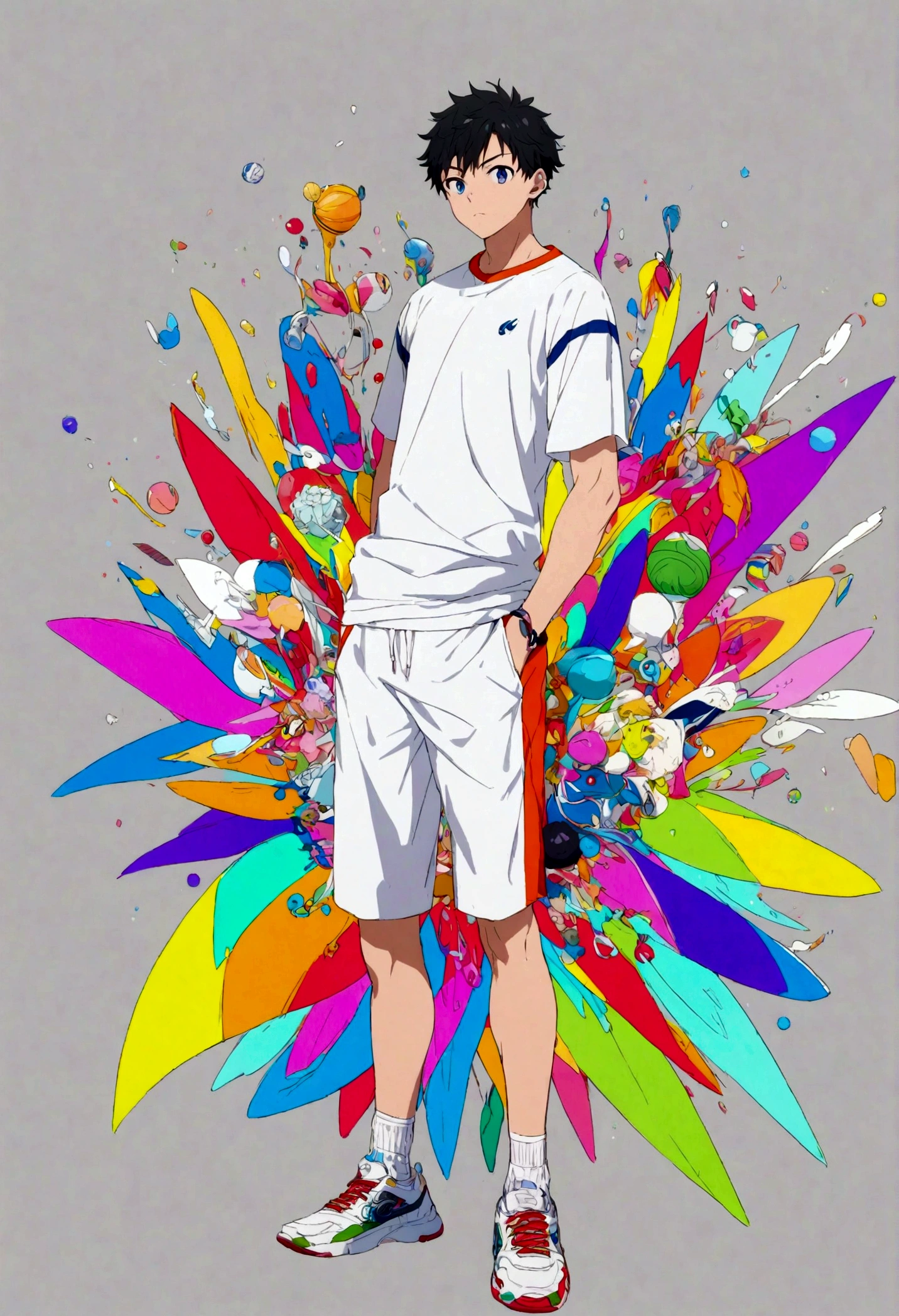 a young man, sport wear, colorful, sneaker, grey background, anime