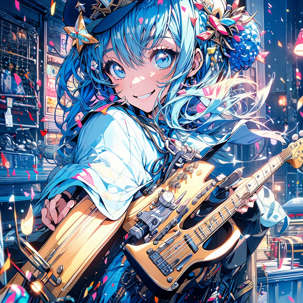 highest quality、masterpiece、Anime Girls、Brass band club、((guitar))、smile、Upper Body、Blue Hair、beret