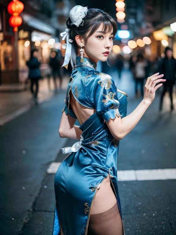 ((Clothes are torn and chest is fluttering)),(((Falling))),"(Exquisitely drawn CG Unity 8k wallpaper, Masterpiece quality with stunning realism), (Best lighting, Best Shadow), (highest quality), (Elegant and devilish style:1.2), Artistic modern anime. Diagonal view, A close-up full-body portrait of a stunningly beautiful mature Chun-Li from Street Fighter。 ((Dark brown hair:1)), ((White lace-up boots:.5)), Dynamic pose, (Blue Chinese Dress:1.5), Great body, in china at night with neon lights, Shy and timid、Frivolous、sexy、Cute expression, the body is slim, Very decorative and detailed, Brown see-through pantyhose, Depth of field blur effect, night, Full Zoom, Action Portrait, Realistic. Cinema Lighting, Very detailed. highest quality, 4K, Better Hands, Perfect Anatomy, Shortening effect, Shy and timidsexyな表情, Your legs look short, (Sharp Eye:0.8), Surrounded by an ominous and dark atmosphere, Dramatic and striking lighting accents, Surreal fantasy feel". (Wearing white laced military boots:1), (night:1), (Side view:.5), (Lifted my butt:1), (metal spike bracelet:1), (Leaning forward:1), (White ribbon flowing from the hair bun:1.5) (Front view:1)