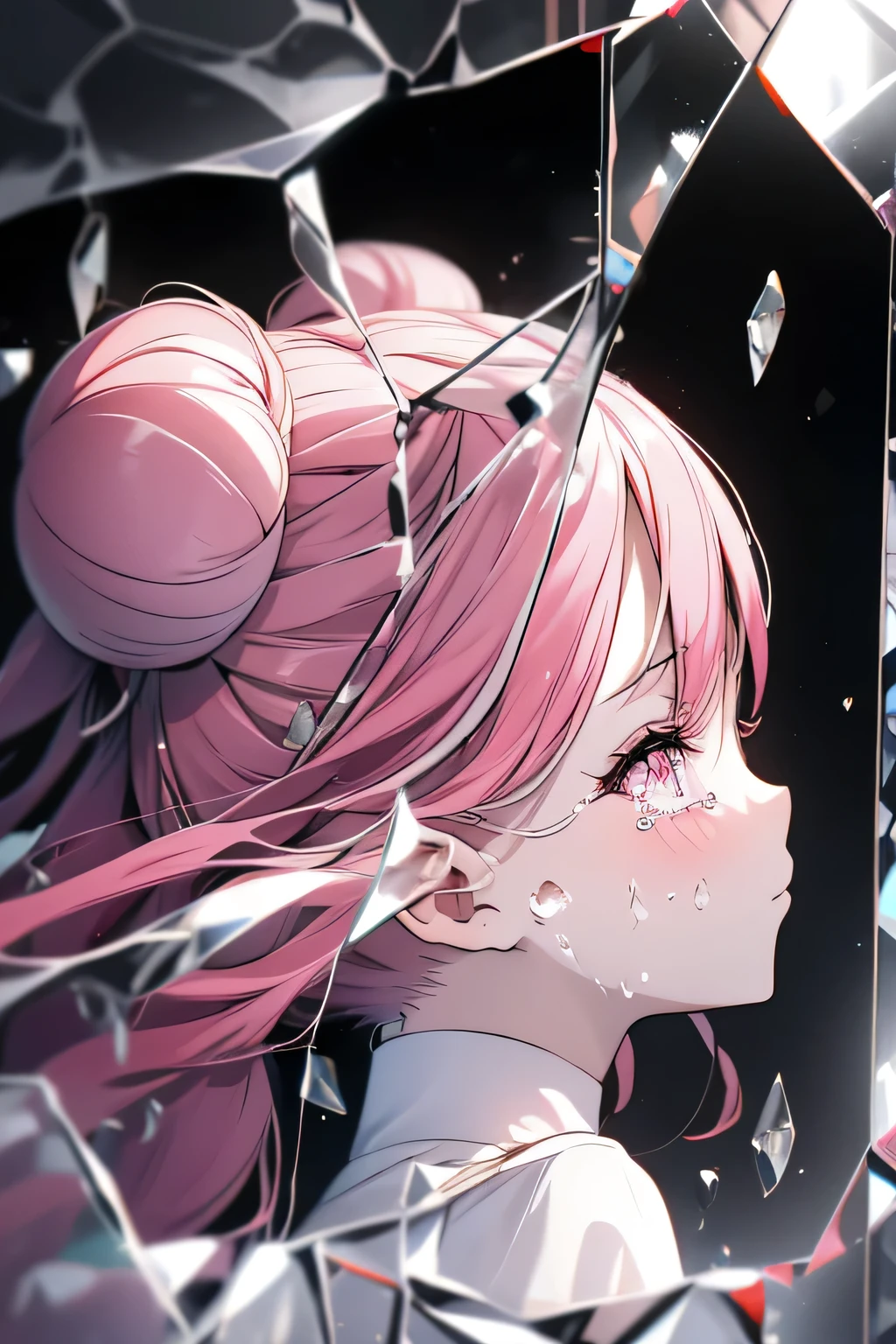 anime,silhouette,One girl, star (null), cloud, cityscape, building, city, Outdoor, nullscraper, city lights, night, night null, sunset, nullline, (Hair Ribbon:0.4),(((White bun hair))),(((Long pink hair))),(((Lonely face))),(((Tears))),(((Breaking the glass))),(((Pink glass))),(((pink々Glass))),(((The entire glass breaks))),