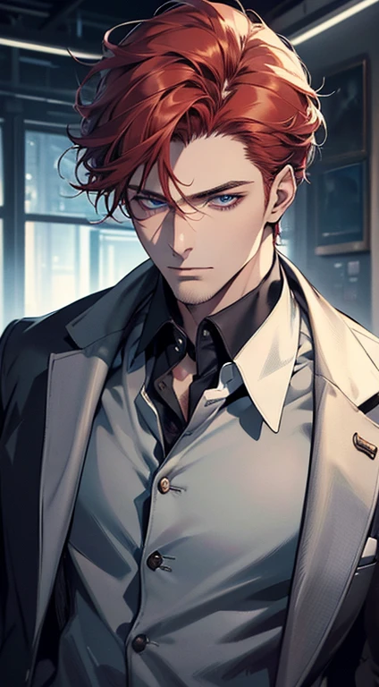 (best quality, masterpiece, 8K, photorealistic, cinematic lighting, 1:4 hdr image, ultra detailed, beautiful image), a mature man, 34 years very handsome, ((cold expression)), short red hair, blue eyes, face perfect without mistakes, ((buttoning his jacket, CEO))