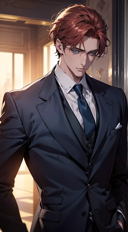 (best quality, masterpiece, 8K, photorealistic, cinematic lighting, 1:4 hdr image, ultra detailed, beautiful image), a mature man, 34 years very handsome, ((cold expression)), short red hair, blue eyes, face perfect without mistakes, ((buttoning his jacket, CEO))