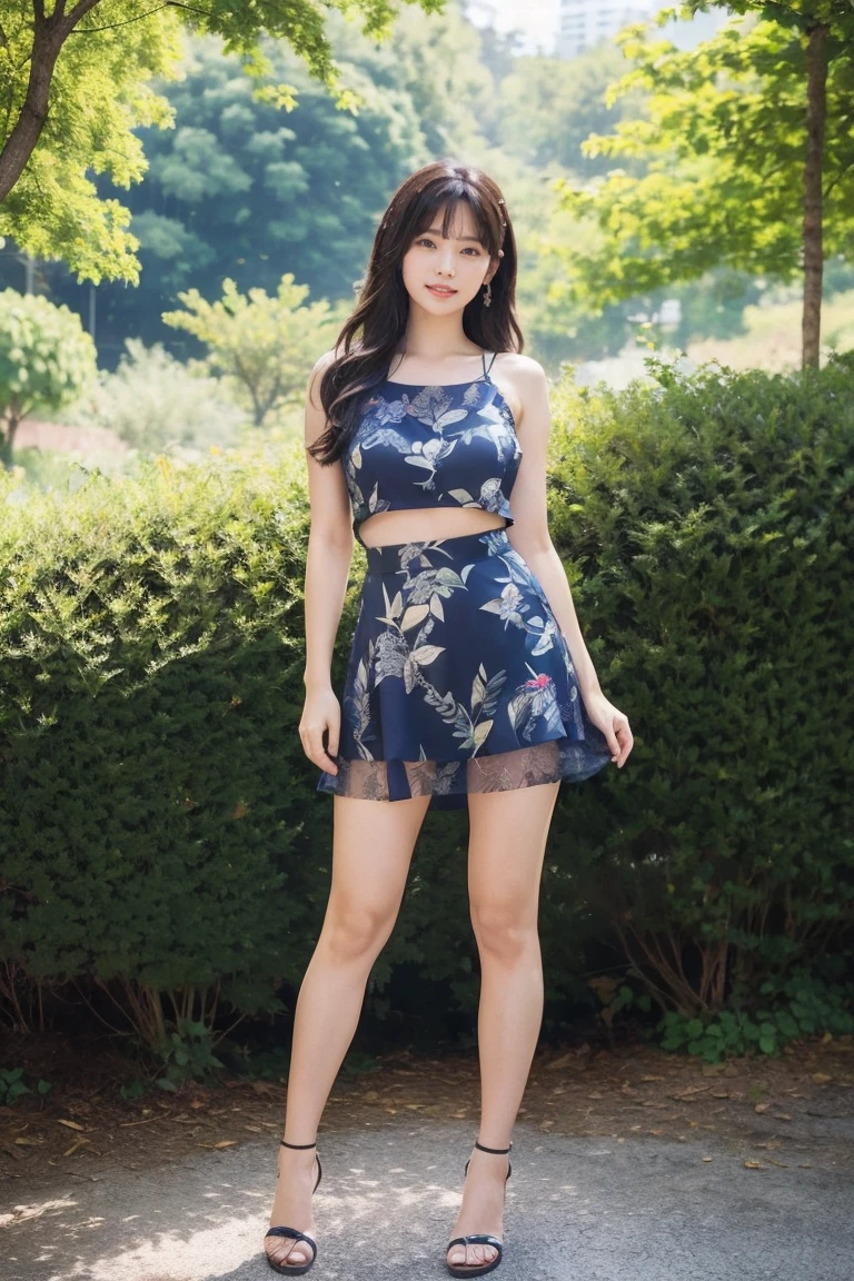 Familiar,Sharp lines,highest quality, masterpiece、Remains、Dark Light、Canon Photo Crystal Clear ,（Realistically:1.2）, (Leaf print mini skirt dress)、forward leaning posture、Peeking into this、Plump figure、Take a full body photo、grin、Semi-long hair、forest