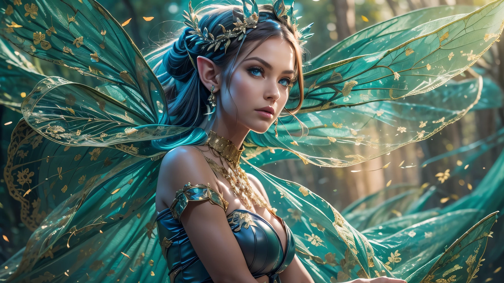 Beautiful faerie woman, elf ear, flying, centered holographic dragonfly wings 1.2, glowing blue eyes, detailed proportional hand, proportional body, firm breast, silk tutu, frank Frazzetta painting style, (Best Quality:1.4), (Ultra-detailed), (extremely detailed CG unified 8k wallpaper), Highly detailed, RAW Photos, Professional Photography, plein air, Illumination, (Super fancy photos:1.4), (Dazzling light), Radiant Photography, depth of fields
