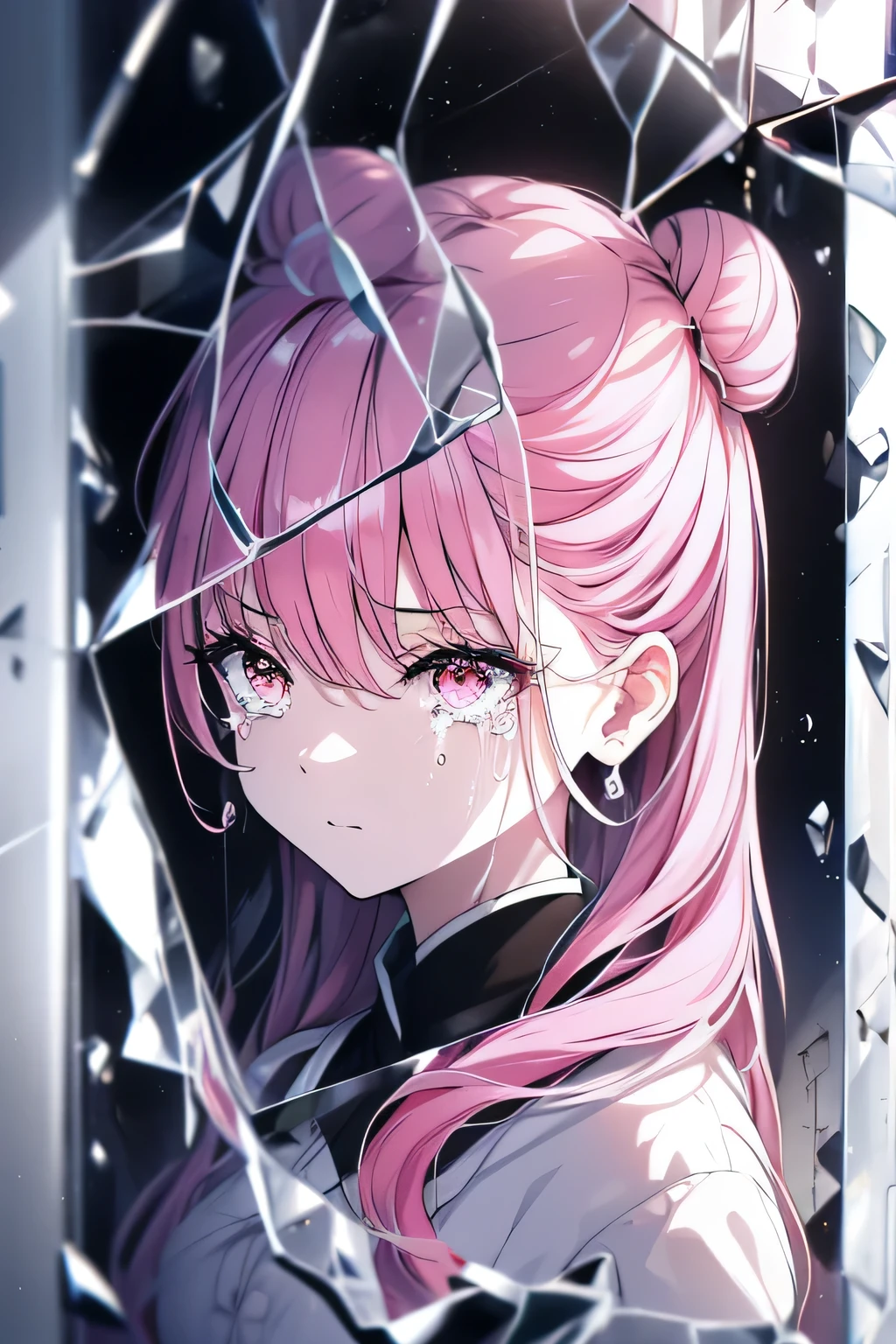 anime,silhouette,One girl, star (null), cloud, cityscape, building, city, Outdoor, nullscraper, city lights, night, night null, sunset, nullline, (Hair Ribbon:0.4),(((White bun hair))),(((Long pink hair))),(((Lonely face))),(((Tears))),(((Breaking the glass))),(((Pink glass))),(((pink々Glass))),(((The entire glass breaks))),