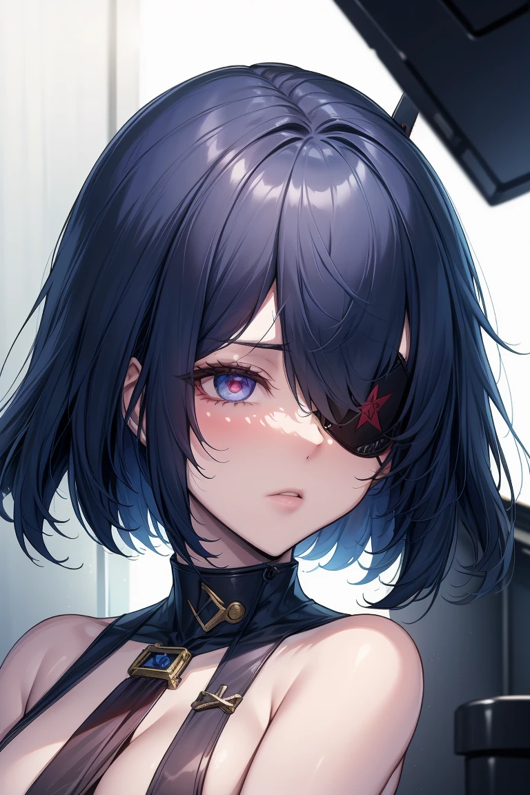 E girl hair cut Bob semi naked porttait head onE girl hair cut Bob (((porttait))) (((head on))) (((eyepatch)))
