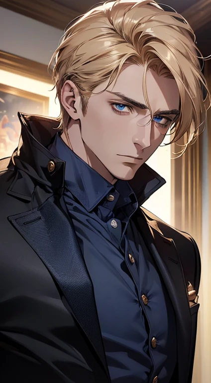 (best quality, masterpiece, 8K, photorealistic, cinematic lighting, 1:4 hdr image, ultra detailed, beautiful image), a mature man, 34 years very handsome, ((cold expression)), short golden hair, blue eyes, face perfect without mistakes, ((buttoning his jacket, CEO))