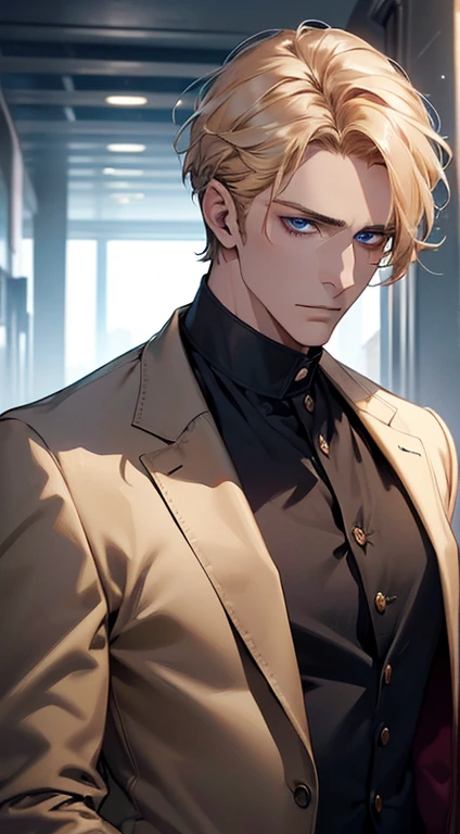 (best quality, masterpiece, 8K, photorealistic, cinematic lighting, 1:4 hdr image, ultra detailed, beautiful image), a mature man, 34 years very handsome, ((cold expression)), short golden hair, blue eyes, face perfect without mistakes, ((buttoning his jacket, CEO))