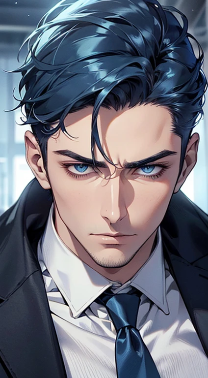 (best quality, masterpiece, 8K, photorealistic, cinematic lighting, 1:4 hdr image, ultra detailed, beautiful image), a mature man, 34 years very handsome, ((cold expression)), short blue hair, blue eyes, face perfect without mistakes, ((buttoning his jacket, CEO))