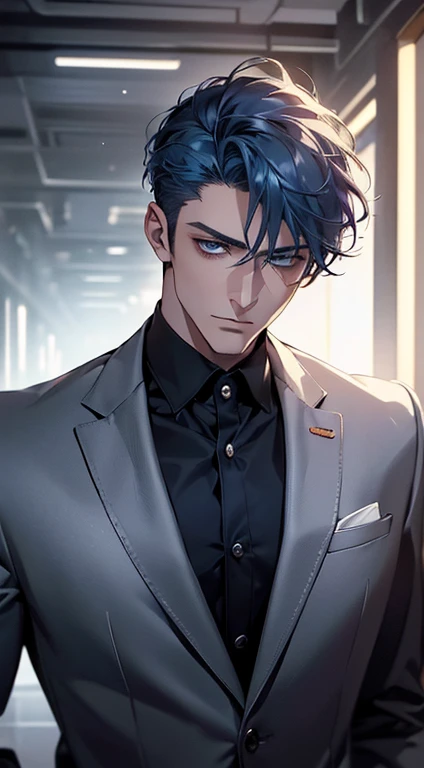 (best quality, masterpiece, 8K, photorealistic, cinematic lighting, 1:4 hdr image, ultra detailed, beautiful image), a mature man, 34 years very handsome, ((cold expression)), short blue hair, blue eyes, face perfect without mistakes, ((buttoning his jacket, CEO))