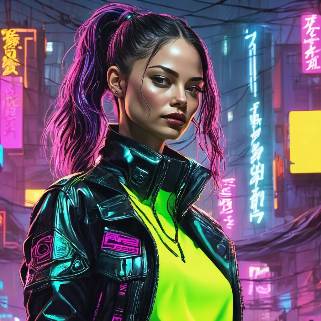 cuerpo entero, pose divertida, hiper nitido, hiper detallado, A closeup of Kristin Kreuk in a neon suit, Ambiente ciberpunk, cyberpunk with neon lights, Luz cyberpunk brillante, agachado,Vibraciones ciberpunk, Cyberpunk lighting, estilo ciberpunk, neon cyberpunk style, En el estilo cyberpunk, mira ciberpunk, cyberpunk dreamy girl, foto ciberpunk, neon cyberpunk, cyberpunk aesthetic, ropa de calle ciberpunk, cyberpunk aesthetic, estilo de arte ciberpunk, Portero del streetwear cyberpunk,sabes, dedos perfectos,neon hair color, Textura de detalle, detalle del cabello,Pantalon long noir fluo, hermoso rostro,por el WAVY,Detailed neon black shoes..,