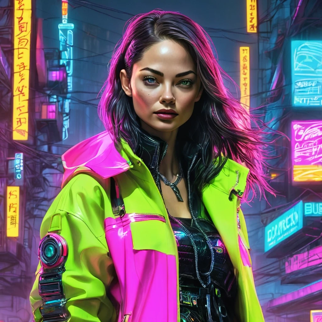 cuerpo entero, pose divertida, hiper nitido, hiper detallado, A closeup of Kristin Kreuk in a neon suit, Ambiente ciberpunk, cyberpunk with neon lights, Luz cyberpunk brillante, agachado,Vibraciones ciberpunk, Cyberpunk lighting, estilo ciberpunk, neon cyberpunk style, En el estilo cyberpunk, mira ciberpunk, cyberpunk dreamy girl, foto ciberpunk, neon cyberpunk, cyberpunk aesthetic, ropa de calle ciberpunk, cyberpunk aesthetic, estilo de arte ciberpunk, Portero del streetwear cyberpunk,sabes, dedos perfectos,neon hair color, Textura de detalle, detalle del cabello,Pantalon long noir fluo, hermoso rostro,por el WAVY,Detailed neon black shoes..,