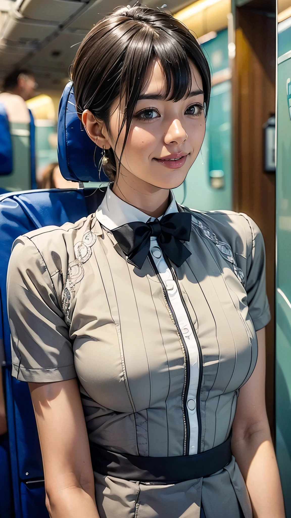 (One Woman),(Japanese),(Short Hair),(45 years old),(whole body:1.5),(front:1.5),(cabincrew),(stewardess)(Are standing),(Fitted flight attendant uniforms:1.5),(smile:1.5),(Beautiful Eyes:1.3),(Very detailedな顔:1.5),((Very detailedな女性の手の描画:1.5)),((Beautiful Skin:1,5)),(Delicate skin depiction:1.5),(Functional:1.2),(Big Breasts:1.2),BREAK(In Airplane:1.5),(((Blur the background:1.5))),(Written boundary depth:1.5),BREAK(((masterpiece:1.5),(highest quality:1.5),(Very detailed:1.5),(High resolution:1.5),(Realistic:1.5),(Photorealistic:1.5))),8k,wallpaper