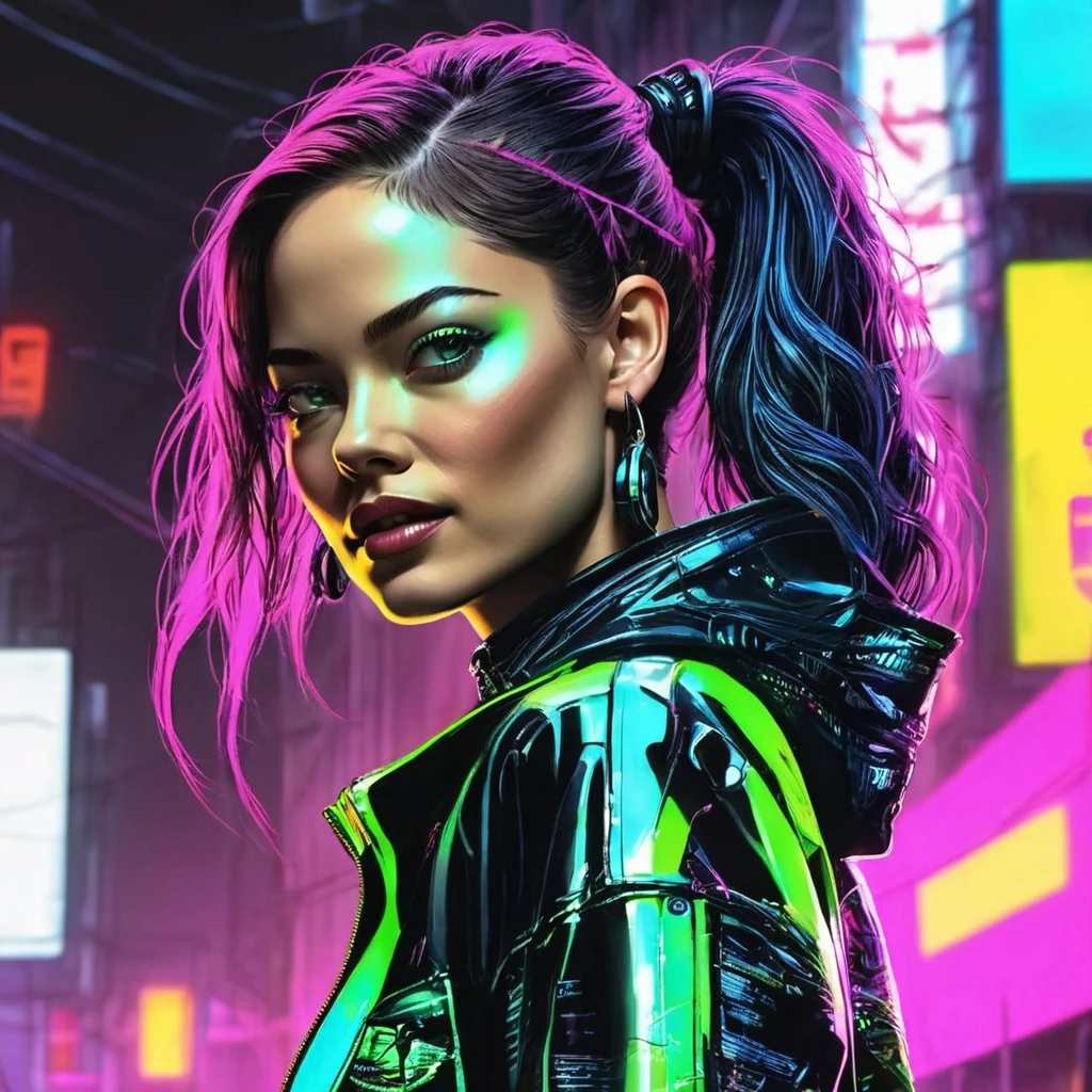 cuerpo entero, pose divertida, hiper nitido, hiper detallado, A closeup of Kristin Kreuk in a neon suit, Ambiente ciberpunk, cyberpunk with neon lights, Luz cyberpunk brillante, agachado,Vibraciones ciberpunk, Cyberpunk lighting, estilo ciberpunk, neon cyberpunk style, En el estilo cyberpunk, mira ciberpunk, cyberpunk dreamy girl, foto ciberpunk, neon cyberpunk, cyberpunk aesthetic, ropa de calle ciberpunk, cyberpunk aesthetic, estilo de arte ciberpunk, Portero del streetwear cyberpunk,sabes, dedos perfectos,neon hair color, Textura de detalle, detalle del cabello,Pantalon long noir fluo, hermoso rostro,por el WAVY,Detailed neon black shoes..,