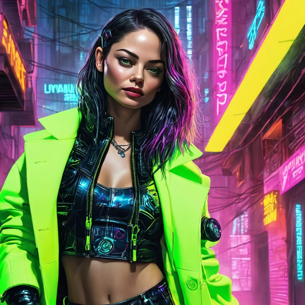 cuerpo entero, pose divertida, hiper nitido, hiper detallado, A closeup of Kristin Kreuk in a neon suit, Ambiente ciberpunk, cyberpunk with neon lights, Luz cyberpunk brillante, agachado,Vibraciones ciberpunk, Cyberpunk lighting, estilo ciberpunk, neon cyberpunk style, En el estilo cyberpunk, mira ciberpunk, cyberpunk dreamy girl, foto ciberpunk, neon cyberpunk, cyberpunk aesthetic, ropa de calle ciberpunk, cyberpunk aesthetic, estilo de arte ciberpunk, Portero del streetwear cyberpunk,sabes, dedos perfectos,neon hair color, Textura de detalle, detalle del cabello,Pantalon long noir fluo, hermoso rostro,por el WAVY,Detailed neon black shoes..,