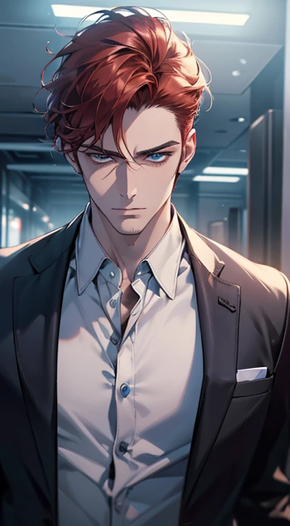 (best quality, masterpiece, 8K, photorealistic, cinematic lighting, 1:4 hdr image, ultra detailed, beautiful image), a mature man, 34 years very handsome, ((cold expression)), short red hair, blue eyes, face perfect without mistakes, ((buttoning his jacket, CEO))