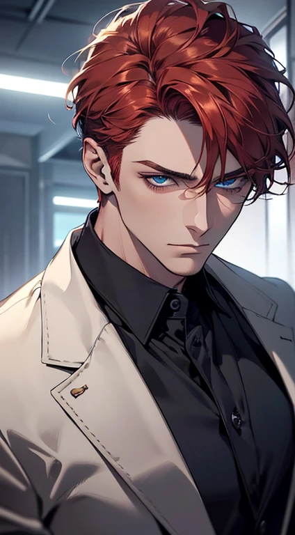 (best quality, masterpiece, 8K, photorealistic, cinematic lighting, 1:4 hdr image, ultra detailed, beautiful image), a mature man, 34 years very handsome, ((cold expression)), short red hair, blue eyes, face perfect without mistakes, ((buttoning his jacket, CEO))