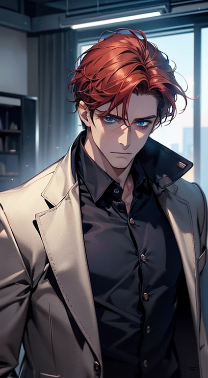 (best quality, masterpiece, 8K, photorealistic, cinematic lighting, 1:4 hdr image, ultra detailed, beautiful image), a mature man, 34 years very handsome, ((cold expression)), short red hair, blue eyes, face perfect without mistakes, ((buttoning his jacket, CEO))