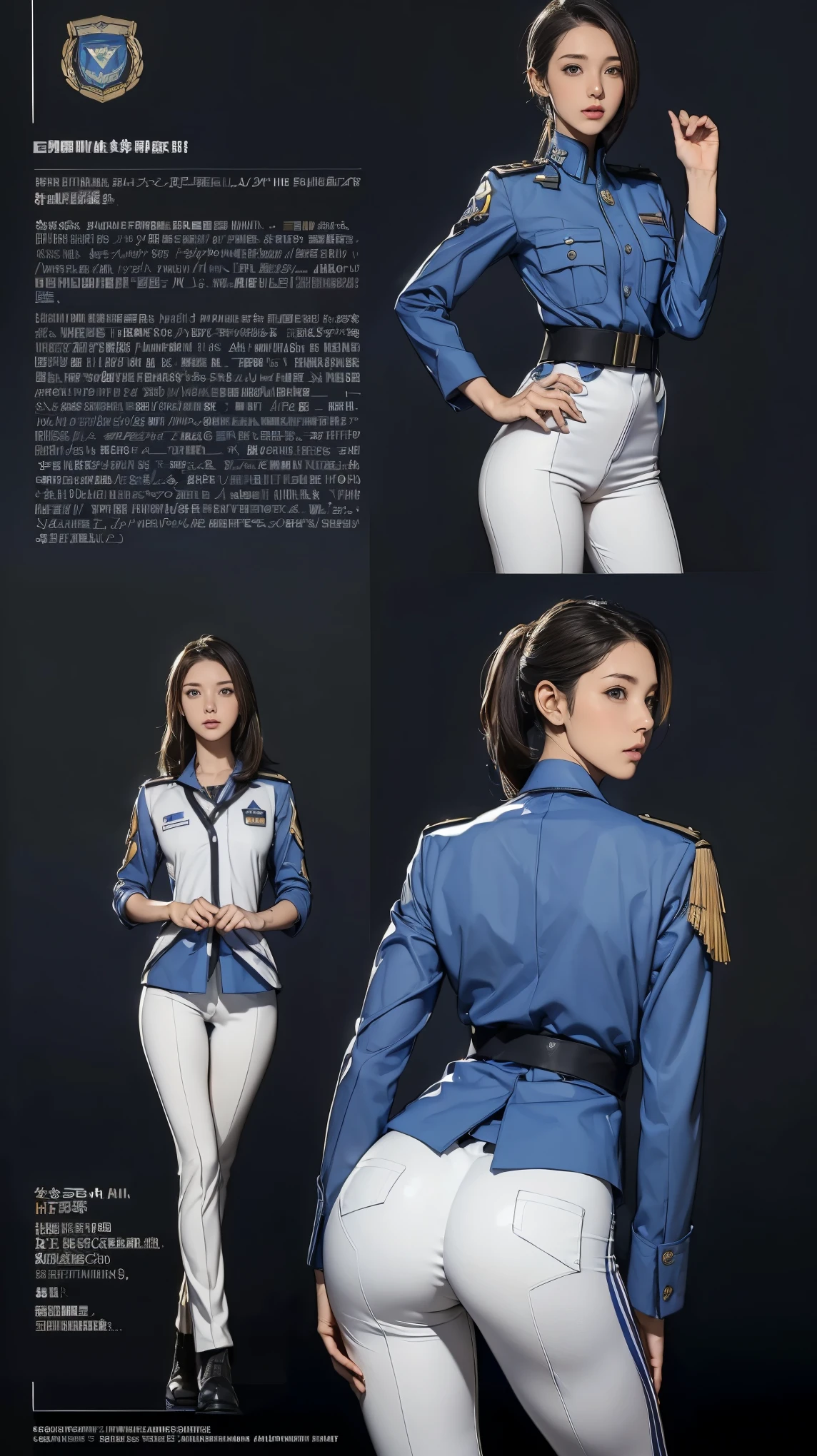 ((masterpiece)),(((highest quality))),((Reference Sheet, Character Design, front, return, ~ ~ ~ side, Mr...々Hairstyle, Mr...々performance, Facial Expressions)), 14-year-old girl, Cute type, (Very slim:1.4), (Very small ass:1.4), Realistic buttocks, Mid-chest， Blonde ponytail:1.2，Thin thighs, Long legs, It's not a big deal,(A female Earth Federation officer is walking), (Wearing Earth Federation military uniform, White and dark grey uniform),(Worn by federal government employees&#39;White Hat:1.5)
