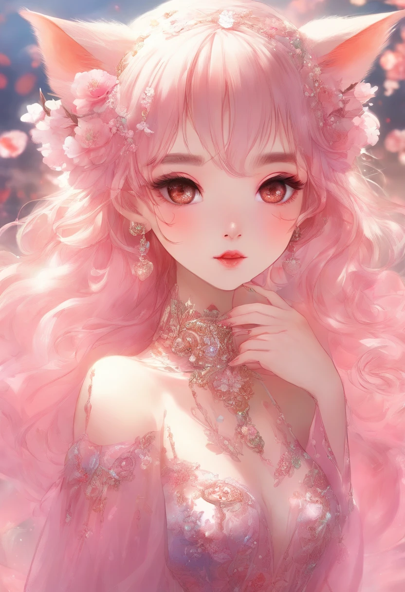 Gentle and lovely Chinese beauty, Exquisite and sexy clavicle, Charming goose egg face, Double eyelids, Bright peach blossom eyes, Pink lips, Small upturned nose, Bare shoulders, focused face, Close-up of face, Ultra high quality, Super Detail, Full body image, Ultra-thin translucent, Pink hair best proportions four fingers and one thumb, Cat ears