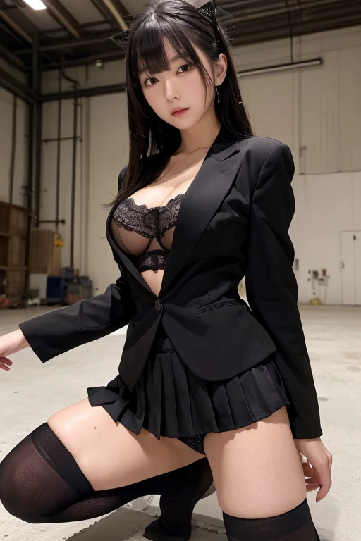 Ultra-high resolution,highest quality,16K quality,Japanese girl squatting in an abandoned factory at night,(((Spread your knees wide apart+Wiggle your hips+Showing off panties))),(((Black blazer+Very finely pleated black mini skirt+Black thigh-high socks))),Artistic beauty,Idol Sculpture,cute,Perfectly plump lips supermodel,Beautiful breasts,highest qualityの黒いロングヘアー,Black pumps,Lift up your skirt,White satin side-tie panties with lace,Wet Panties,Full body image,Provocative look,masterpiece,Professional Lighting,Browsing Caution,Angle from below