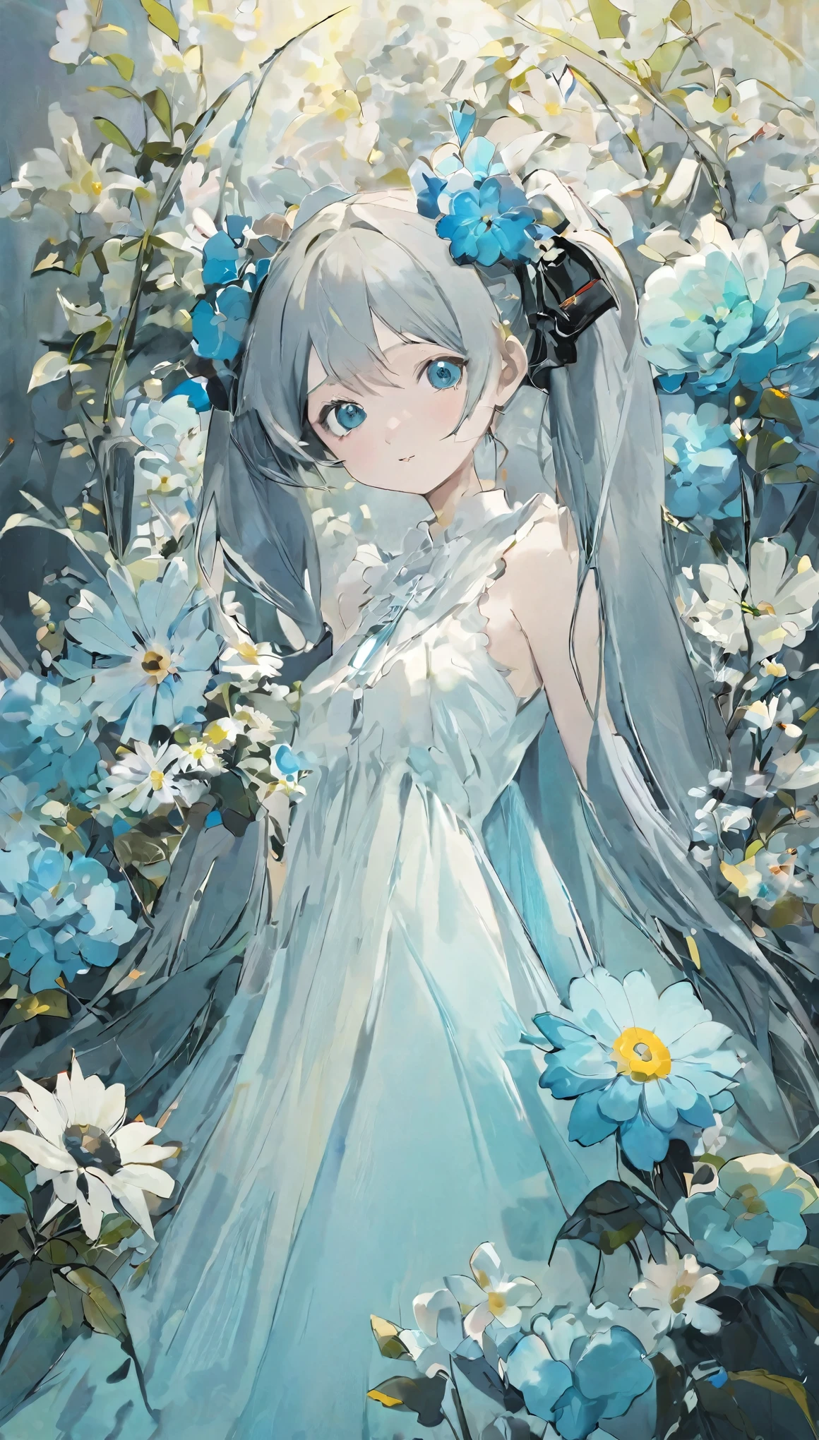 Beautiful woman、Hatsune Miku、flower arrangement、Wabi-sabi art、かわいいface、Very detailed_face_eye、Very detailedなface、White Dress、black、gray、Light blue color tone、parchment、抽象的flower arrangement、Three big flowers、Surreal art、silence、wallpaper、highest quality、masterpiece、High resolution、８ｋ