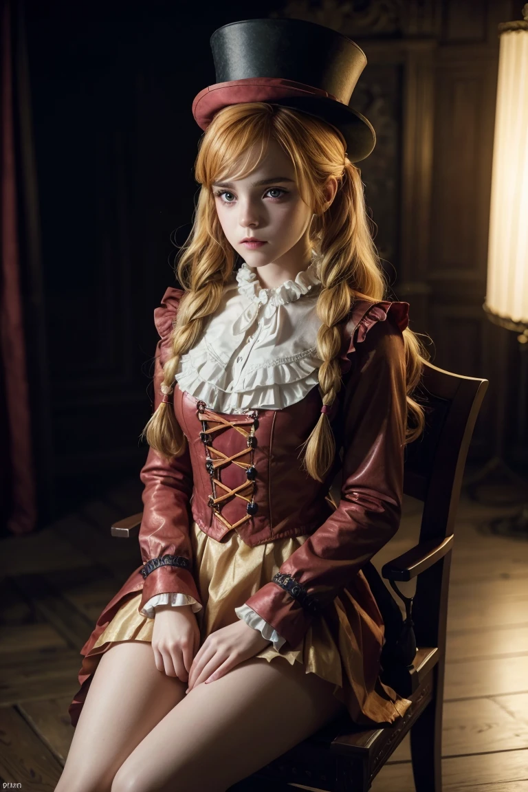 A beautiful Emma Watson dressed as a clown with red paint, blonde hair in twintails, tight and intricate short uniform, top hat, in a dark environment, on a royal throne, (best quality,4k,8k,highres,masterpiece:1.2),ultra-detailed,(realistic,photorealistic,photo-realistic:1.37),intricate details,dramatic lighting,chiaroscuro,fantasy,dark fantasy,highly saturated colors