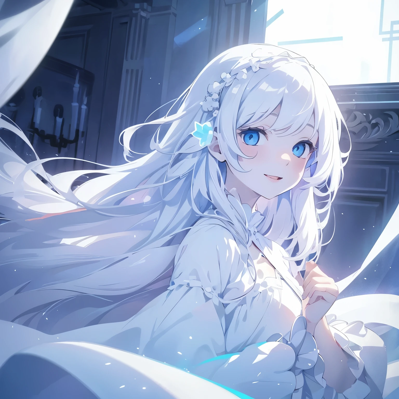 very pale white ghost girl, light blue eyes, long white hair, in house, slightly transparent, very pale, cerulean eyes, simple long white dress, ghost girl, smiling at camera, white skin, cheery, face very close to camera, cute ghost girl, profile picture
