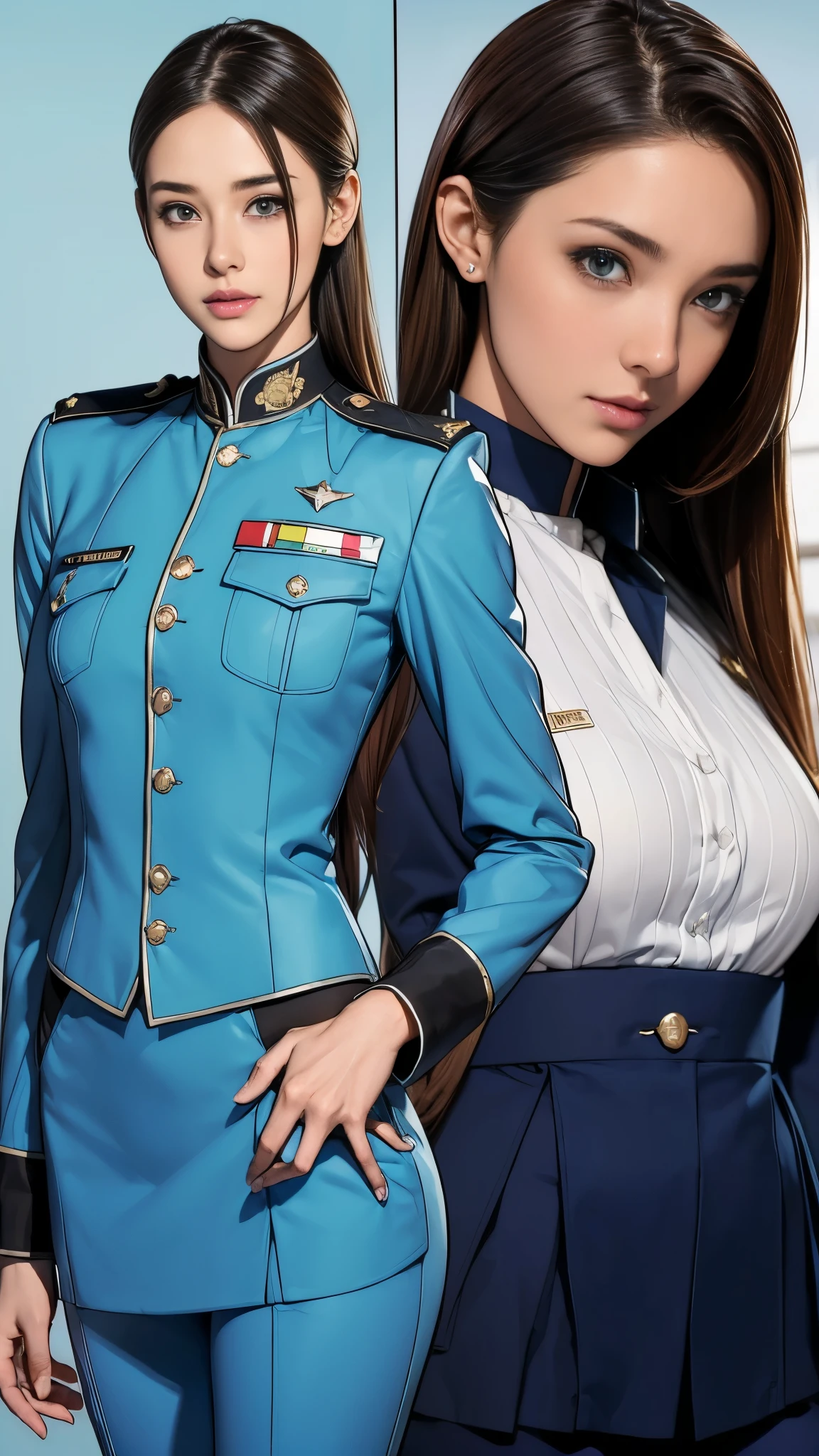 ((masterpiece)),(((highest quality))),((Reference Sheet, Character Design, front, return, ~ ~ side, Mr..々Hairstyle, Mr..々Performance, Facial Expressions)), 14-year-old girl, Cute type, (Very slim:1.4), (Very small ass:1.4), Realistic buttocks, Medium milk, Short brown hair，Thin thighs, Long legs, It's not a big deal,(A female Earth Federation officer is walking), (Wearing Earth Federation military uniform, White and light blue military uniform),(Worn by federal government employees&#39;White Hat:1.5)