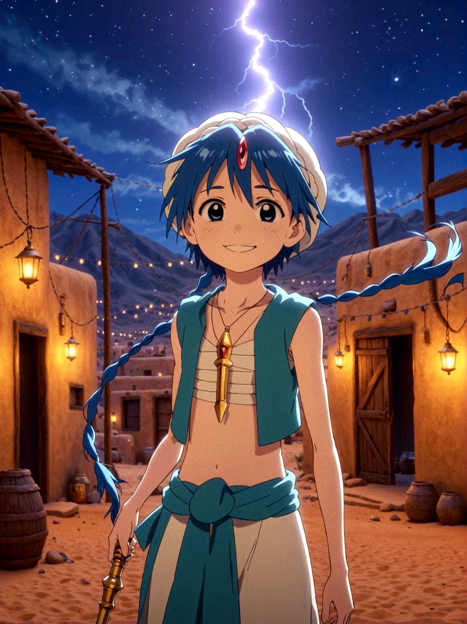 1boy，magi_aladdin，Standing alone in a desert town, He has short blue hair，With a braid，Wear a headscarf，Smiling，A flute pendant hangs around her neck，Wearing a blue vest, A magical explosion can be seen in the background，Super large magic circle，lightning，fighting，Mouth tightly shut，sneer，Soft lighting and detailed environments create an immersive environment，Let your imagination run wild with super details, Ultra-detailed face, High-quality visual effects, Sharp focus, Octane Rendering, 8k, Ultra HD