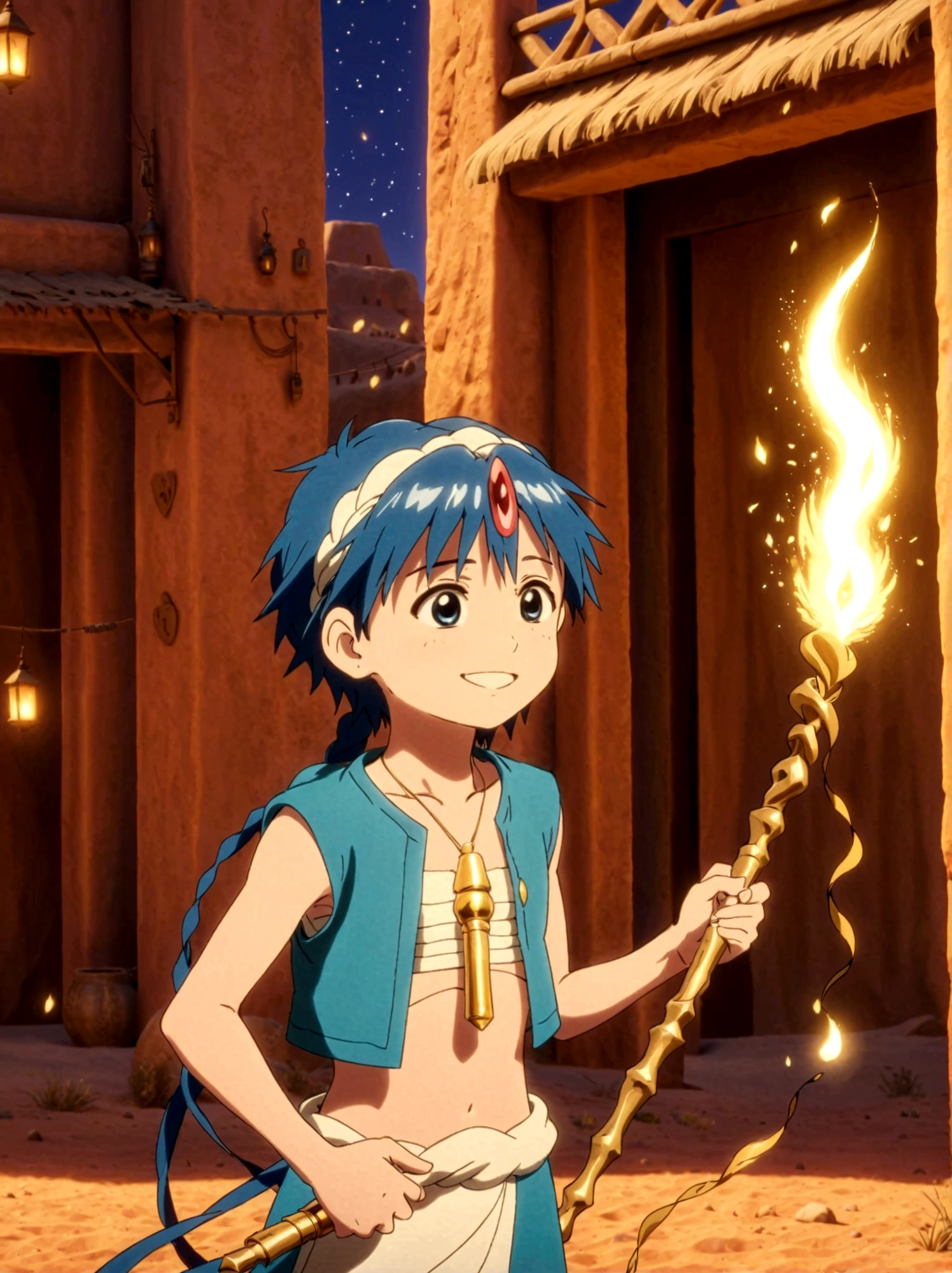 1boy，magi_aladdin，Standing alone in a desert town, He has short blue hair，With a braid，Wear a headscarf，Smiling，A flute pendant hangs around her neck，Wearing a blue vest, A magical explosion can be seen in the background，Super large magic circle，lightning，fighting，Mouth tightly shut，sneer，Soft lighting and detailed environments create an immersive environment，Let your imagination run wild with super details, Ultra-detailed face, High-quality visual effects, Sharp focus, Octane Rendering, 8k, Ultra HD