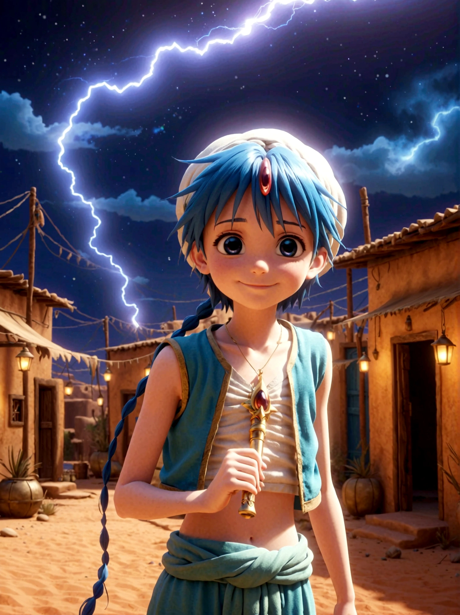 1boy，magi_aladdin，Standing alone in a desert town, He has short blue hair，With a braid，Wear a headscarf，Smiling，A flute pendant hangs around her neck，Wearing a blue vest, A magical explosion can be seen in the background，Super large magic circle，lightning，fighting，Mouth tightly shut，sneer，Soft lighting and detailed environments create an immersive environment，Let your imagination run wild with super details, Ultra-detailed face, High-quality visual effects, Sharp focus, Octane Rendering, 8k, Ultra HD