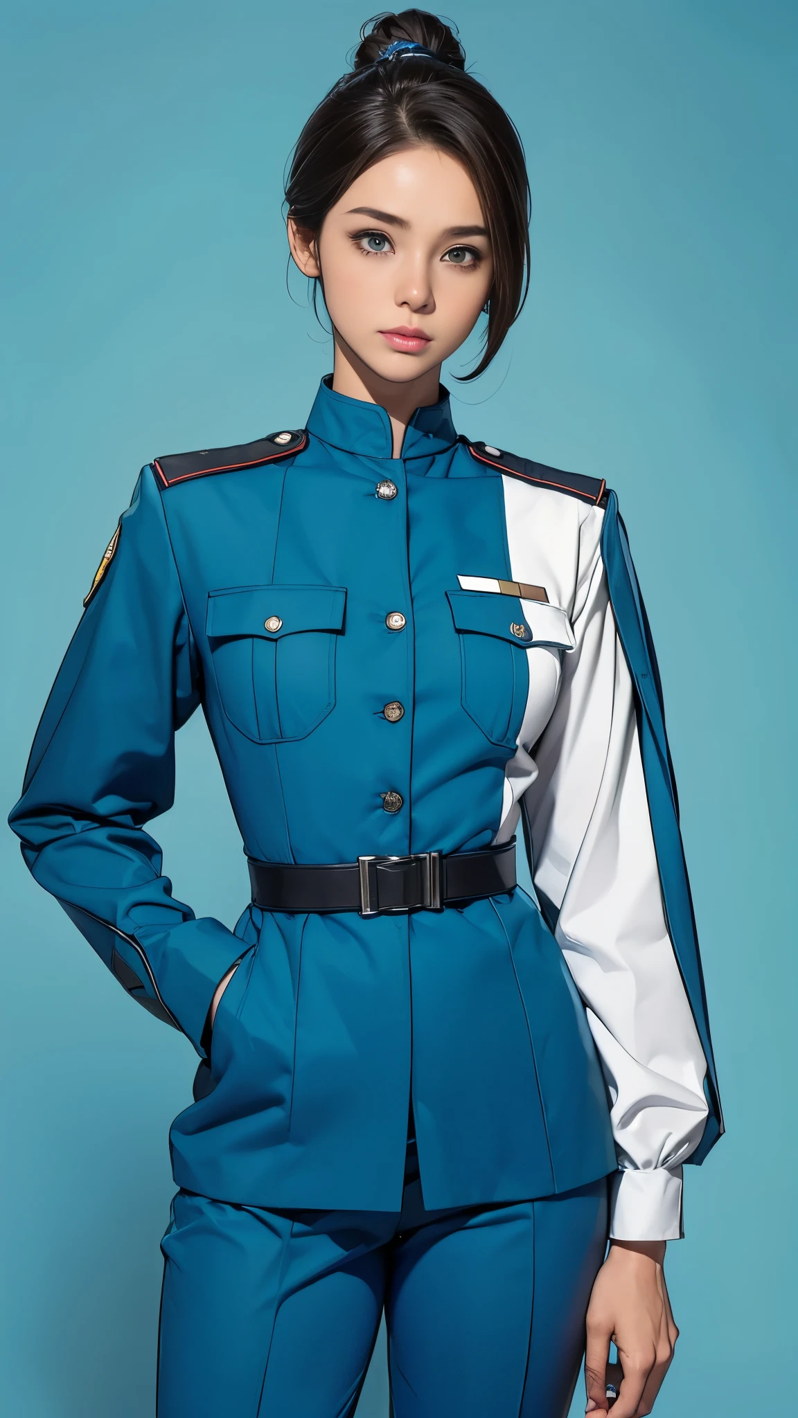 ((masterpiece)),(((highest quality))),((Reference Sheet, Character Design, front, return, ~ ~ side, Mr..々Hairstyle, Mr..々Performance, Facial Expressions)), 14-year-old girl, Cute type, (Very slim:1.4), (Very small ass:1.4), Realistic buttocks, Medium milk, Short brown hair,Thin thighs, Long legs, It's not a big deal,(A female Earth Federation officer is walking), (Wearing Earth Federation military uniform, White and light blue military uniform),(Worn by federal government employees'White Hat:1.5)