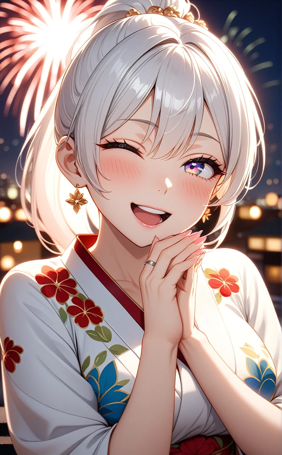 ((one personの女性)), Beautiful Face,Laughing embarrassedly,Laughing with your mouth open,((Wink:2.0)),(Bright red cheeks),Glossy pink lips,night,rooftop,firework,((Anime style background)),masterpiece, highest quality, so beautiful, Latest, Complex details, (Pink long nails),(ring),AI-generated, Complex,High resolution, highest quality, super high quality,3D Images、View your viewers、3D Images,one person,Long white hair,High Ponytail,blue eyes,Anime woman posing for a photo, ((Fine grain、Platinum colorful eyes、Shining Eyes:1.3)),(Squint your eyes:1.1),a hyperRealistic , hyperRealistic , Realistic,Anime woman with long and white hair, Smooth anime CG art, A woman in a colorful kimono with gold embroidery, (White kimono),Red floral pattern,Long flower hair ornament,Big earrings,Mature Body,(Big Breasts:1.1),Tall,Big Ass,Fine details,Narrow waist,Abdominal muscles,(Face close-up:1.2),(clasping their hands in front of their mouth with a delighted expression),