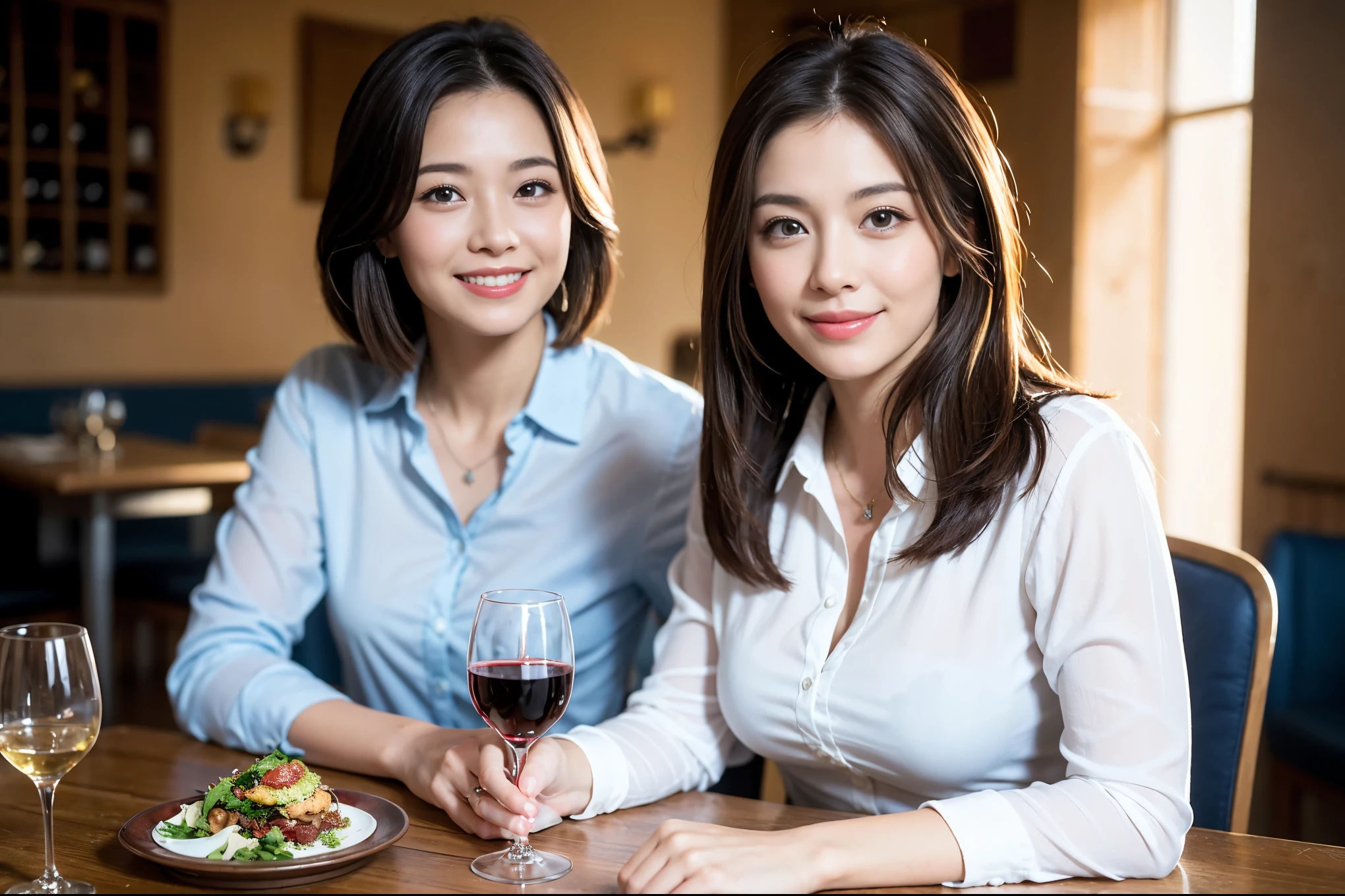 ((highest quality、8k、masterpiece:1.3))、1 male、1 female、Couple、Spouse、Couple、The body is slim、full-course dinner、((Bob Hale、Straight hair:1.2)), (Realistic, Intricate details:1.2), テーブルの上のwine glass、Shine light on your face、 Amazing view of the sunset sky and clouds、A bright smile、The wonderfulness of smile、Bright image、The beauty of wine, Beautiful Face, blue eyes, The light shines on your face, Blushing, short hair,Bright Face、 (Age 37), 39 years old, red wine 、Appetizers、Italian food、Wine bottle、Champagne、sparkling wine、Two beauties、Brown Hair、Shortcuts、Long sleeve shirt、dress、Pretty Woman 1, (slimな顔), (The body is slim), (Brown Hair), (Shortcuts), cheeks turn a little red,Attractive beauty、restaurant, In a prominent place (From the waist up) Nova Frog Style, actress, model, Upper Body, White wine, slim, wine glass, 中央に置かれたwine glass, smile, (smile: 1.15), Beautiful fine grain, Depth f/2,saturation, High Contrast, Strong light and shadow,Moist Body:1.5、3D texture、Delicate eyes、Brown Hair、The hair is very shiny、