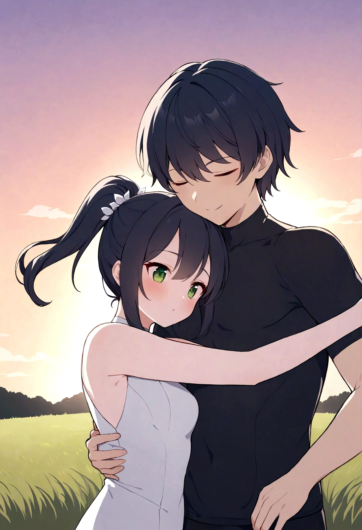 [1 couple waltzing] [1 girl black short hair, body con dress;] [1 guy dark blue green long hair ponytail, vlack compression shirt] grassy field, white flowers, halfbody, sunset