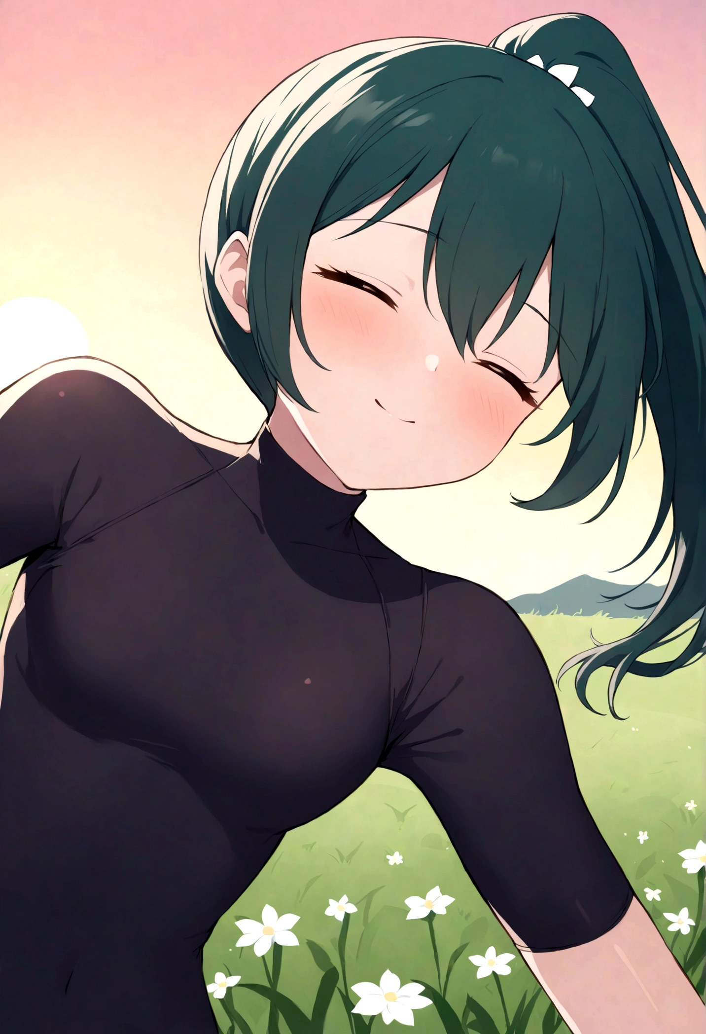 [1 couple waltzing] [1 girl black short hair, body con dress;] [1 guy dark blue green long hair ponytail, vlack compression shirt] grassy field, white flowers, halfbody, sunset