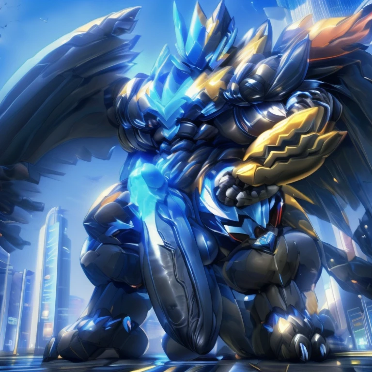 (masterpiece. official art. 8k. best quality. detailed full body. full body.)

(situation 1 : dominating zeraora. Zeraora is over 1000 meters long. giant mechanical Muscular Zeraora is trampling the city. Looking down. macro. stomp. Low-angle perspective. emphasizing the immense size.)

(situation 2 :smoke and flames rising from the destruction in the city)

(Additional details 1: high-tech bio-mecha armor. real texture material. whole body shines like metal. Wearing cyberpunk mecha. emphasizes the muscles. suit fully made of metal. intricate armor. Robotic suit. suit fully made of metal. cyborg. Powered exoskeleton with the same design as Zeraora. power armor).

(Additional details 2: (gigantic muscles. HYPER MUSCLES. Gigachad Muscular. big muscle. pecs. triceps. traps. unusually developed muscular body. body full of huge muscles. showing off muscles. pectorales enormes. Exaggeratedly huge muscles.).

(Additional details 3: Spread wings. It has wings. have big wings. golden wings).

(Additional details 4: black color hyper penis. hyper black penis. big penis)