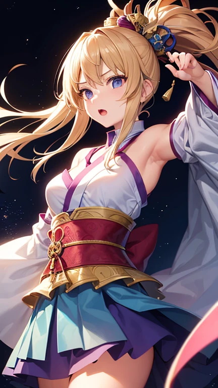 Highest quality, Ultra high resolution, Ultra detailed, Meticulous depiction, Best anime, Greatest artwork, Hyper-detailed art, Incredible artistic depiction, Overwhelming depiction: 1.5, Beautiful and intricate Japanese fantasy art: 1.7, Japanese style: 1.5, A single woman: 1.5, Goddess of victory: 1.5, Raising her right arm high: 1.4, Intense gaze: 1.3, Battle cry: 1.3,She has a biwa