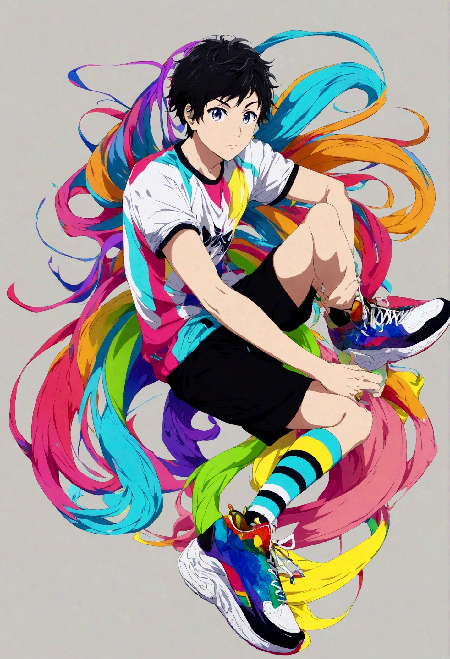 a young man, sport wear, colorful, sneaker, grey background, anime, digital art