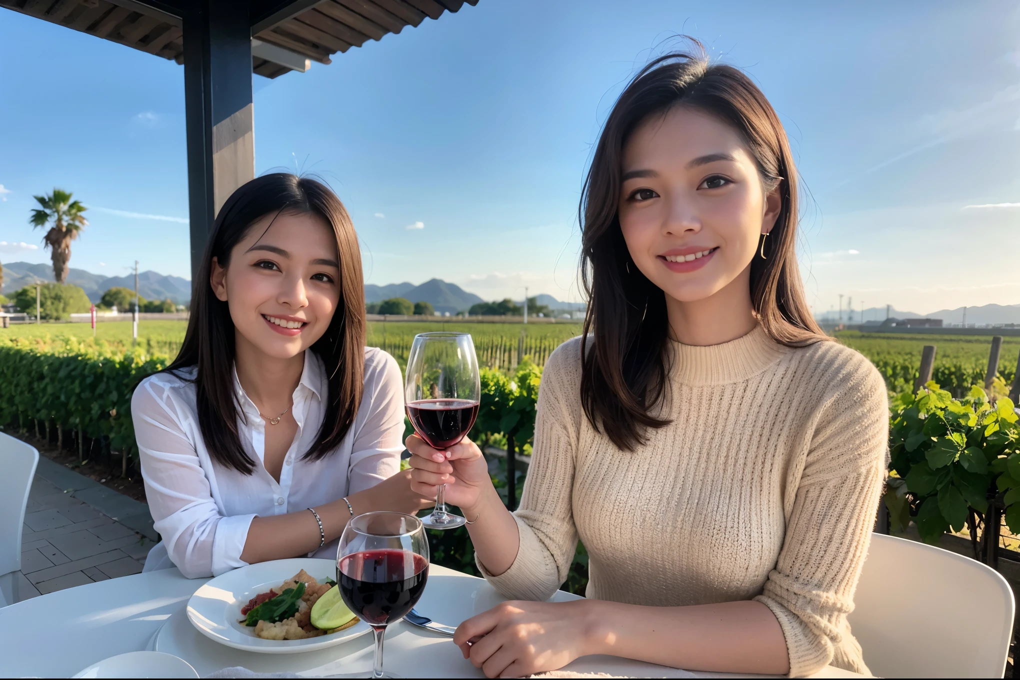 ((highest quality、8k、masterpiece:1.3))、1 male、1 female、Couple、Spouse、Couple、The body is slim、full-course dinner、((Bob Hale、Straight hair:1.2)), (Realistic, Intricate details:1.2), テーブルの上のwine glass、Shine light on your face、 Amazing view of the sunset sky and clouds、A bright smile、The wonderfulness of smile、Bright image、The beauty of wine, Beautiful Face, blue eyes, The light shines on your face, Blushing, short hair,Bright Face、 (Age 37), 39 years old, red wine 、Appetizers、Italian food、Wine bottle、Champagne、sparkling wine、Two beauties、Brown Hair、Shortcuts、Long sleeve shirt、dress、Pretty Woman 1, (slimな顔), (The body is slim), (Brown Hair), (Shortcuts), cheeks turn a little red,Attractive beauty、restaurant, In a prominent place (From the waist up) Nova Frog Style, actress, model, Upper Body, White wine, slim, wine glass, 中央に置かれたwine glass, smile, (smile: 1.15), Beautiful fine grain, Depth f/2,saturation, High Contrast, Strong light and shadow,Moist Body:1.5、3D texture、Delicate eyes、Brown Hair、The hair is very shiny、