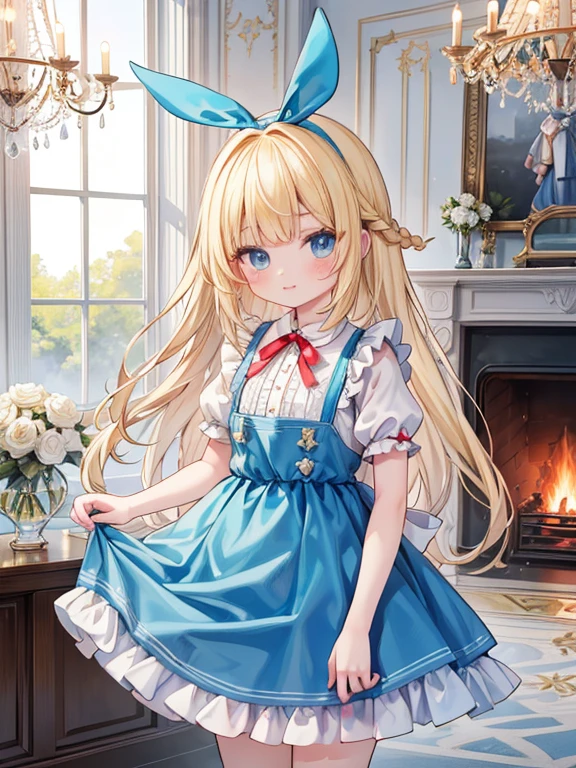 masterpiece, highest quality, Very detailed, 8k, Ultra-high resolution, Alice in Wonderland, Cowboy Shot, One 10-year-old girl, Detailed face、Perfect Fingers, blue eyes, Blonde, Long Hair, Braid, Red ribbon on head, Blue Dress, White apron, Luxurious Western-style building, fireplace, chandelier, Children's room, clock, Music Box, des3rt4rmor