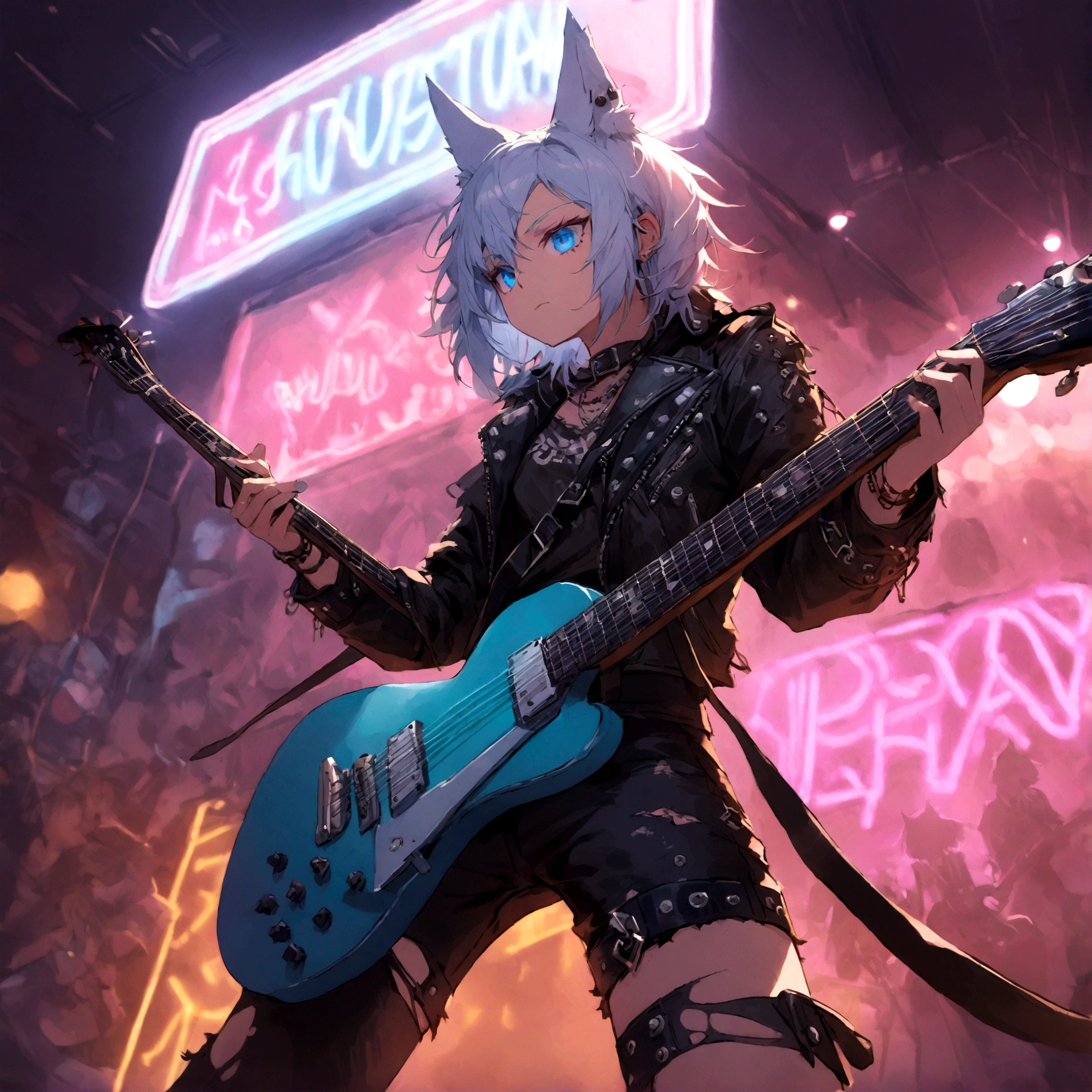 a white wolf with blue eyes wearing a punk outfit playing the lead guitar in a band, has blue mowhawk, has leather patched jacket, wearing torn boots, shredding on guitar, many multi colored neon lights