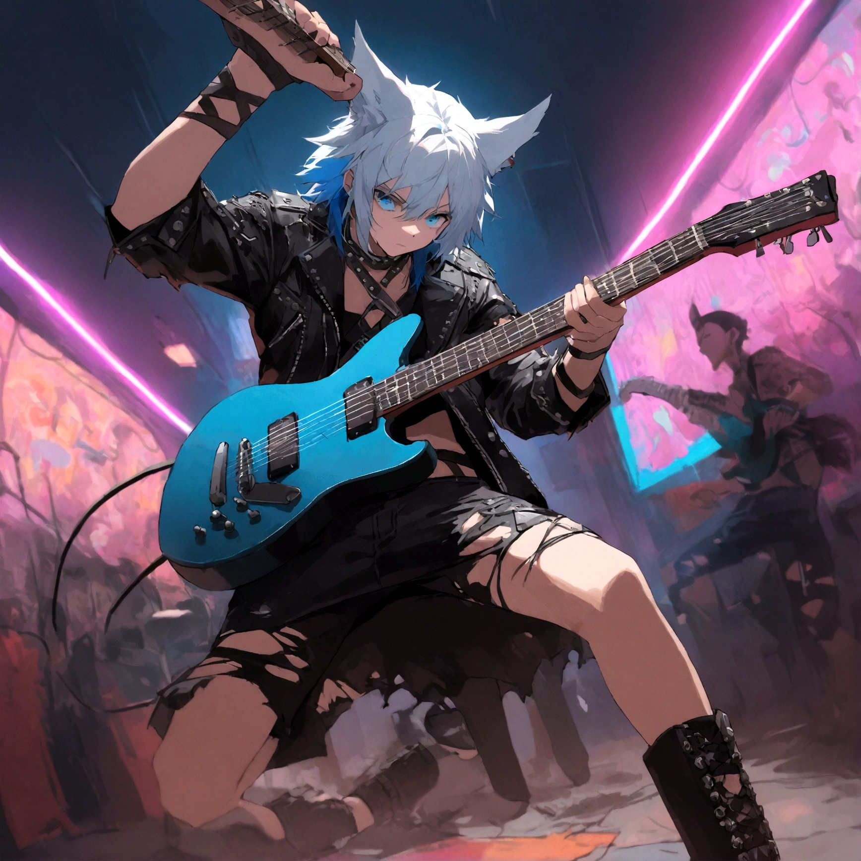 a white wolf with blue eyes wearing a punk outfit playing the lead guitar in a band, has blue mowhawk, has leather patched jacket, wearing torn boots, shredding on guitar, many multi colored neon lights