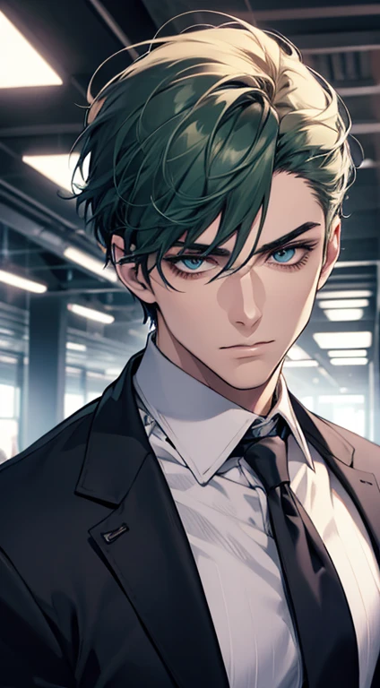 (best quality, masterpiece, 8K, photorealistic, cinematic lighting, 1:4 hdr image, ultra detailed, beautiful image), a mature man, 34 years very handsome, ((cold expression)), short green hair, blue eyes, face perfect without mistakes, ((buttoning his jacket, CEO))