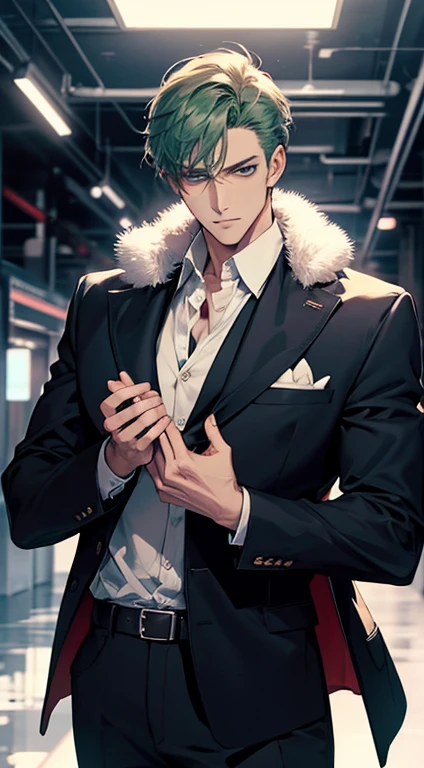 (best quality, masterpiece, 8K, photorealistic, cinematic lighting, 1:4 hdr image, ultra detailed, beautiful image), a mature man, 34 years very handsome, ((cold expression)), short green hair, blue eyes, face perfect without mistakes, ((buttoning his jacket, CEO))
