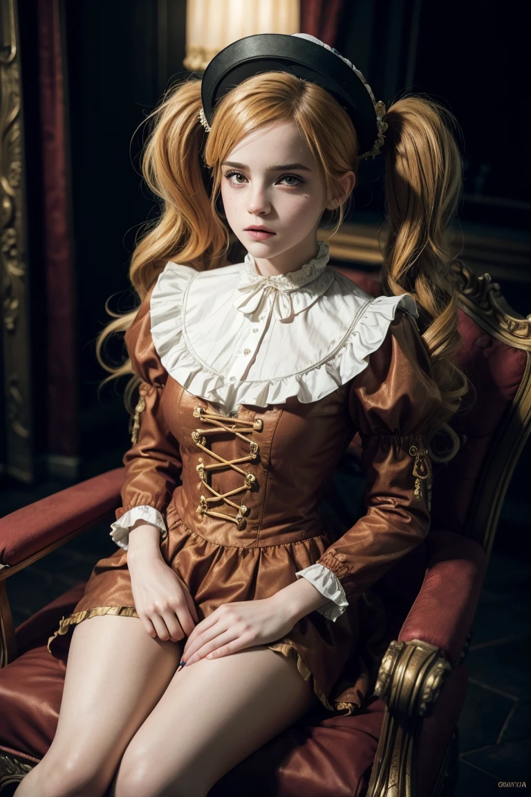 A beautiful Emma Watson dressed as a clown with red paint, blonde hair in twintails, tight and intricate short uniform, top hat, in a dark environment, on a royal throne, (best quality,4k,8k,highres,masterpiece:1.2),ultra-detailed,(realistic,photorealistic,photo-realistic:1.37),intricate details,dramatic lighting,chiaroscuro,fantasy,dark fantasy,highly saturated colors