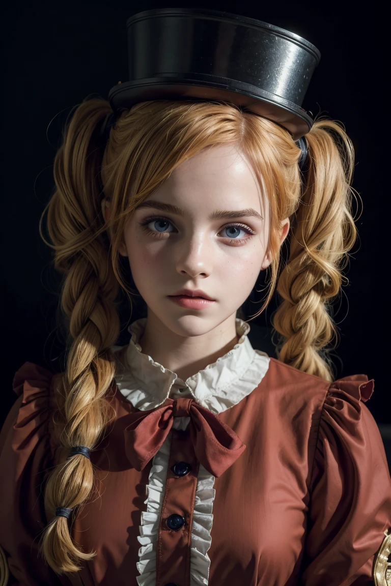 A beautiful Emma Watson dressed as a clown with red paint, blonde hair in twintails, tight and intricate short uniform, top hat, in a dark environment, on a royal throne, (best quality,4k,8k,highres,masterpiece:1.2),ultra-detailed,(realistic,photorealistic,photo-realistic:1.37),intricate details,dramatic lighting,chiaroscuro,fantasy,dark fantasy,highly saturated colors